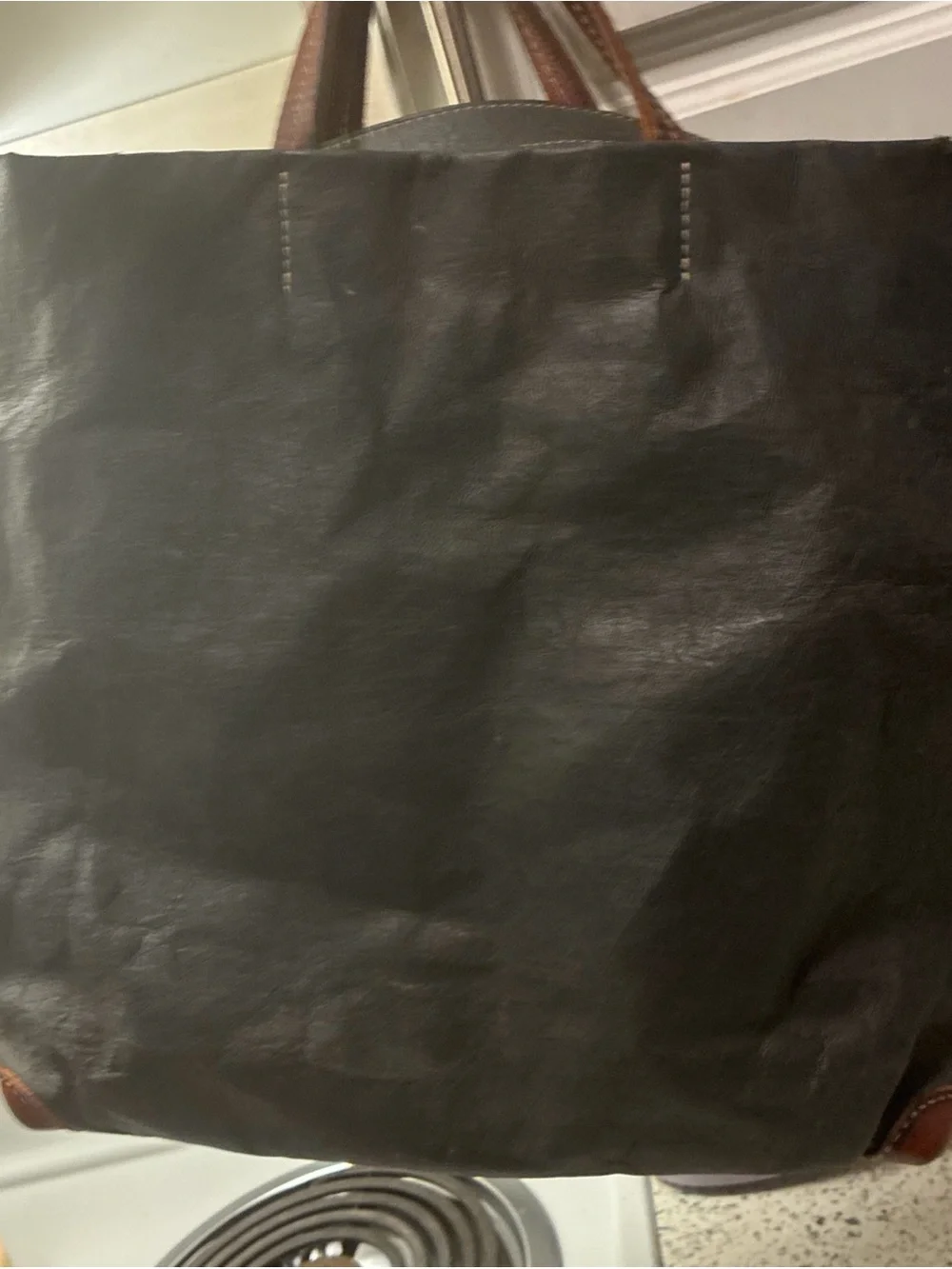 Classic Black Leather Tote uashmama large tote bag  with Brown Handles